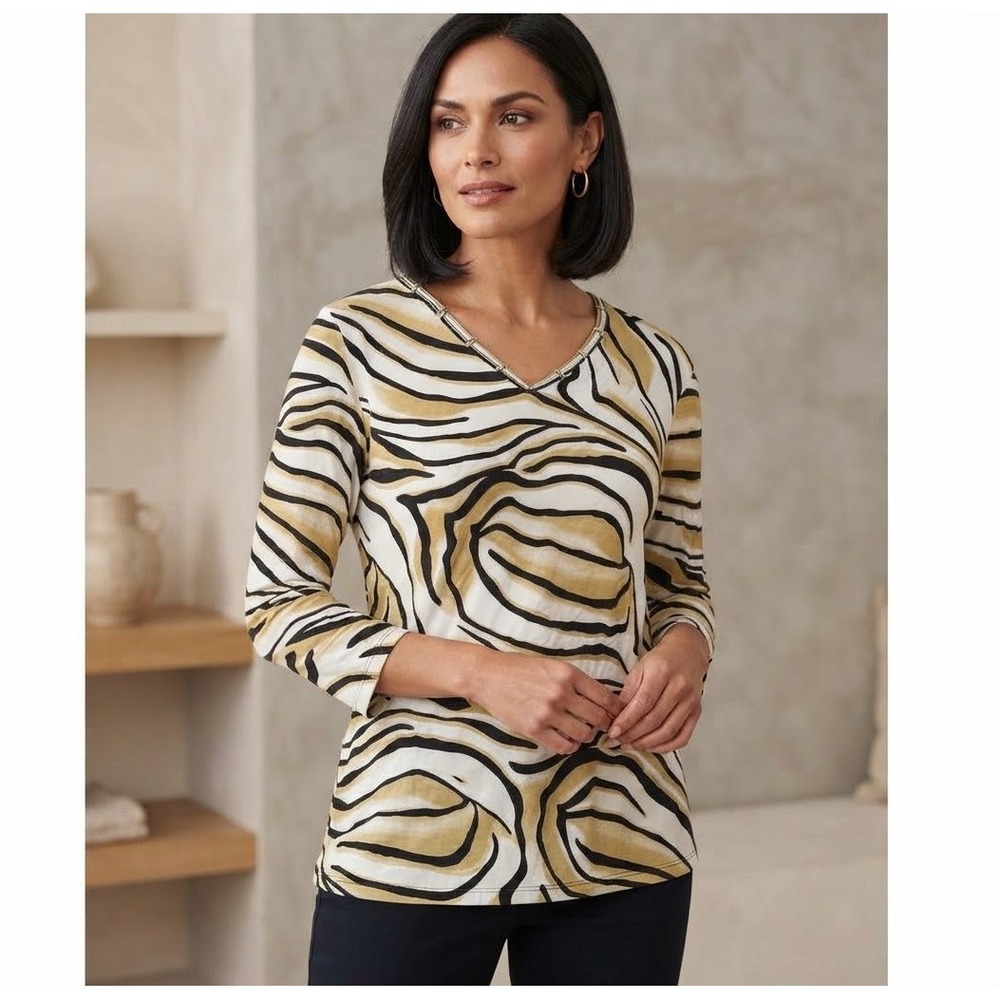LIZ CLAIBORNE Women's Plus Size 2X Gold Animal Print Top Zebra Print Blouse